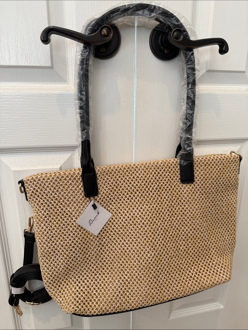 Brouk & Co Woven Straw Tote Bag with Black Trim - Neutral NWT